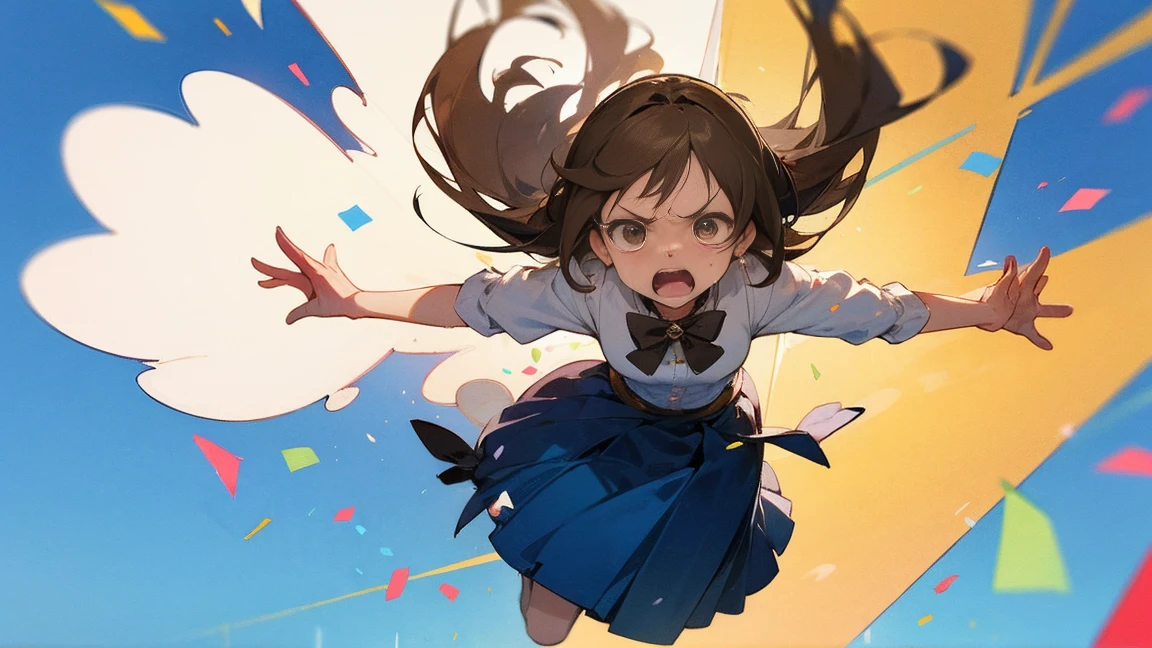 ((Highest quality)), ((masterpiece)), ((Very detailed)),Floatingする女の子,Angry expression,floating,Floating,Confetti,Brown Hair,tears,Levitating,Blue sky background,Feet in the air,tears,gravity,Long skirt