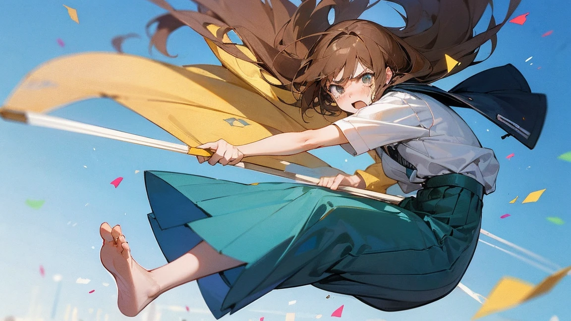 ((Highest quality)), ((masterpiece)), ((Very detailed)),Floatingする女の子,Angry expression,floating,Floating,Confetti,Brown Hair,tears,Levitating,Blue sky background,Feet in the air,tears,gravity,Long skirt