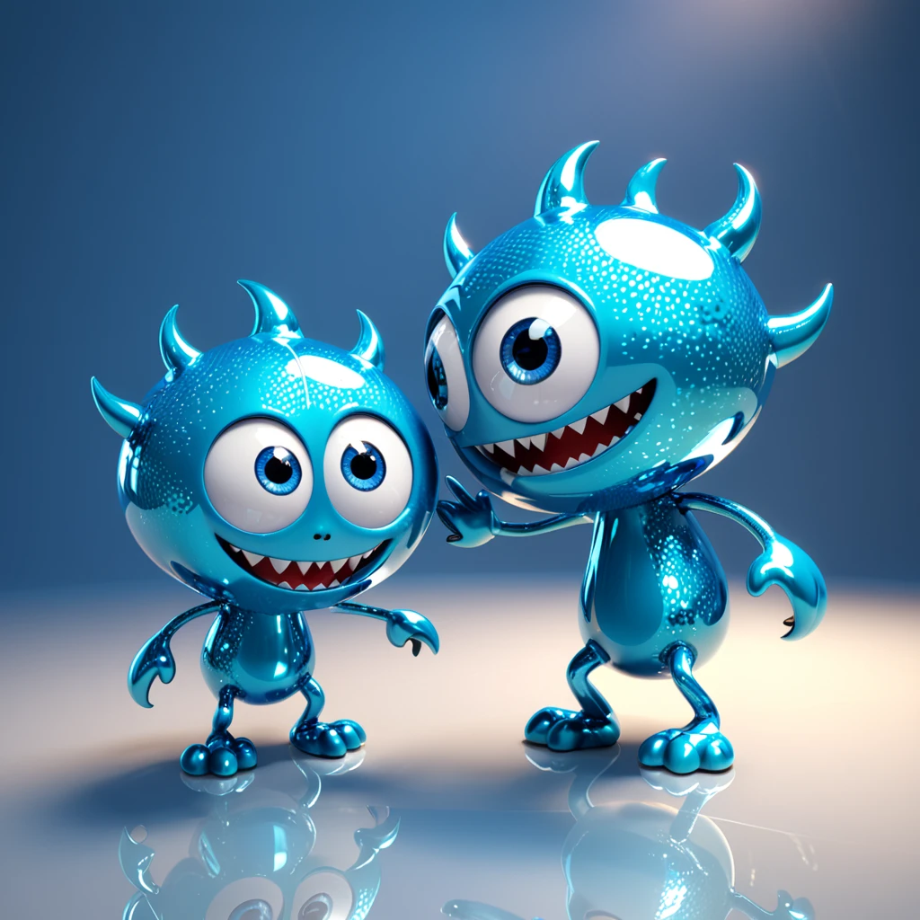 [かがみ]
A cute mirror monster with big eyes and a reflective body, showing different reflections of the environment. The cartoon character is designed in the style of Pixar animation studio, created using C4D software. It has an adorable silver and blue color scheme and showcases a mischievous expression as it changes reflections. --ar 1:1 --v 6.0 --3D render
