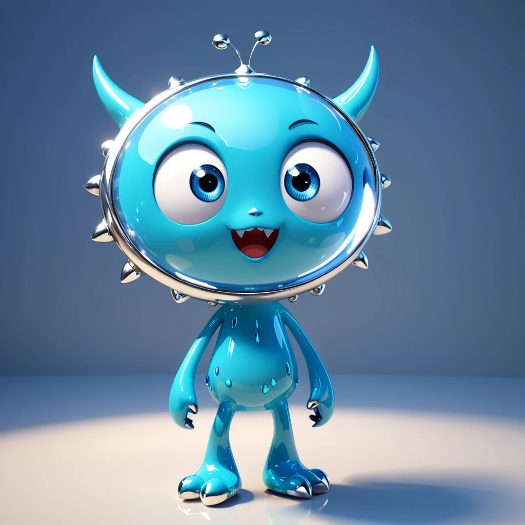 [かがみ]
A cute mirror monster with big eyes and a reflective body, showing different reflections of the environment. The cartoon character is designed in the style of Pixar animation studio, created using C4D software. It has an adorable silver and blue color scheme and showcases a mischievous expression as it changes reflections. --ar 1:1 --v 6.0 --3D render