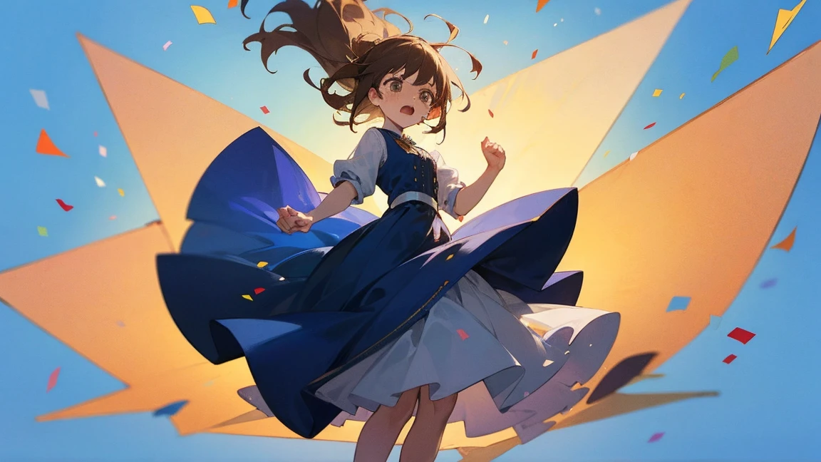 ((Highest quality)), ((masterpiece)), ((Very detailed)),Floatingする***,Angry expression，floating，Floating，Confetti，Brown Hair,tears,Levitating,Blue sky background,Feet in the air,tears,gravity,Long skirt