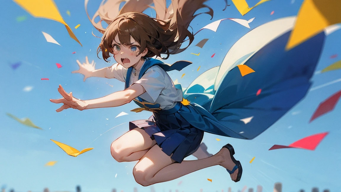 ((Highest quality)), ((masterpiece)), ((Very detailed)),Floatingする女の子,Angry expression，floating，Floating，Confetti，Brown Hair,tears,Levitating,Blue sky background,Feet in the air,tears,gravity,Long skirt