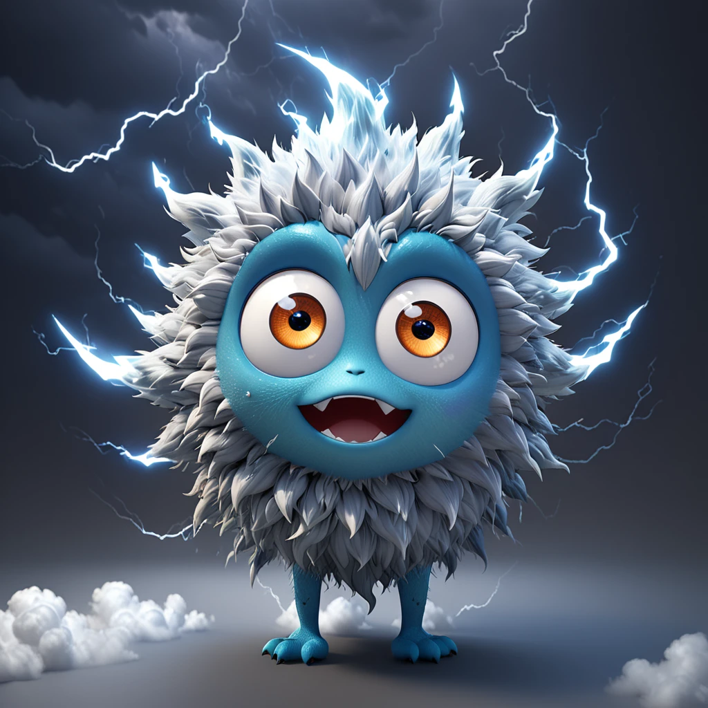 [てんき]
A cute weather monster with big eyes and a fluffy cloud body, rumbling with thunder and lightning. The cartoon character is designed in the style of Pixar animation studio, created using C4D software. It has an adorable gray and white color scheme and showcases an excited expression as it flashes lightning. --ar 1:1 --v 6.0 --3D render