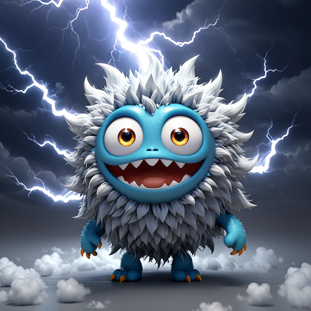 [てんき]
A cute weather monster with big eyes and a fluffy cloud body, rumbling with thunder and lightning. The cartoon character is designed in the style of Pixar animation studio, created using C4D software. It has an adorable gray and white color scheme and showcases an excited expression as it flashes lightning. --ar 1:1 --v 6.0 --3D render