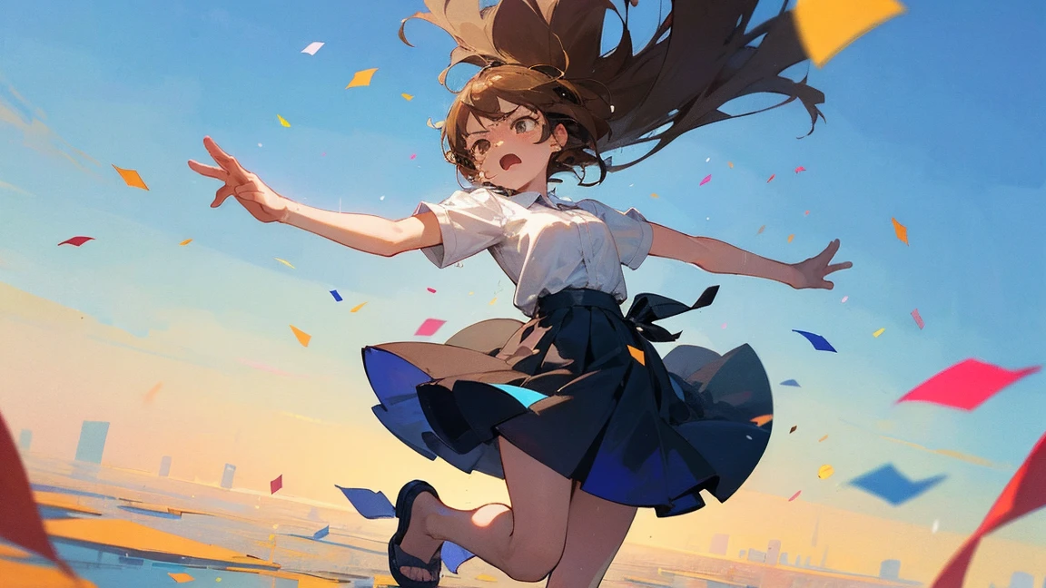 ((Highest quality)), ((masterpiece)), ((Very detailed)),Floatingする***,Angry expression，floating，Floating，Confetti，Brown Hair,tears,Levitating,Blue sky background,Feet in the air,tears,gravity,Long skirt