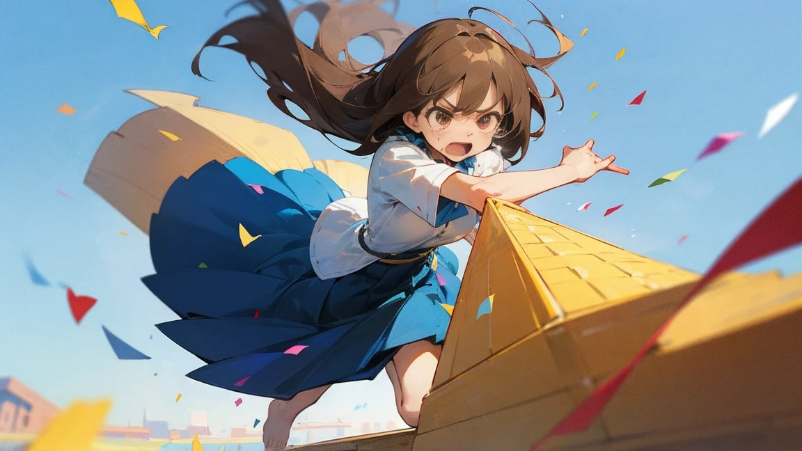 ((Highest quality)), ((masterpiece)), ((Very detailed)),Floatingする女の子,Angry expression,floating,Floating,Confetti,Brown Hair,tears,Levitating,Blue sky background,Feet in the air,tears,gravity,Long skirt