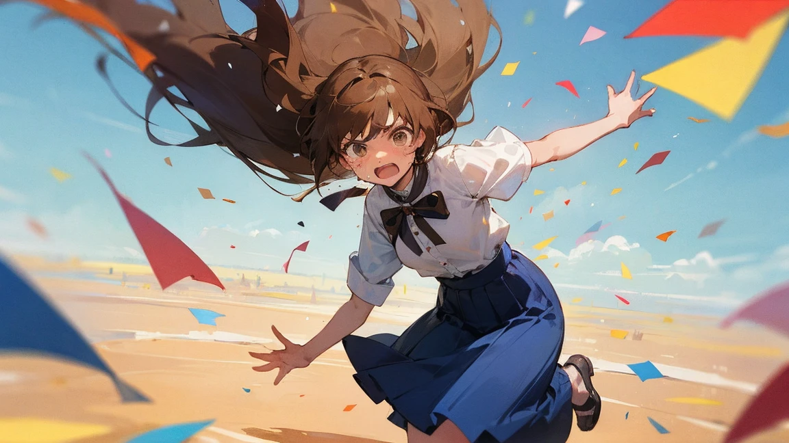 ((Highest quality)), ((masterpiece)), ((Very detailed)),Floatingする女の子,Angry expression，floating，Floating，Confetti，Brown Hair,tears,Levitating,Blue sky background,Feet in the air,tears,gravity,Long skirt