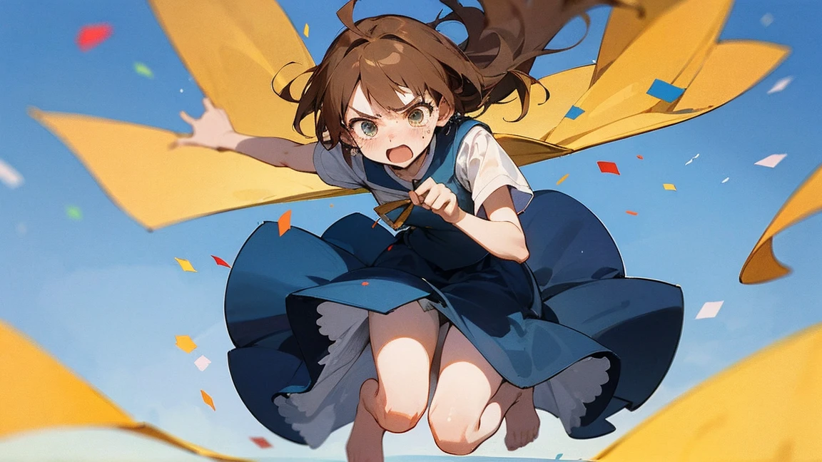 ((Highest quality)), ((masterpiece)), ((Very detailed)),Floatingする女の子,Angry expression，floating，Floating，Confetti，Brown Hair,tears,Levitating,Blue sky background,Feet in the air,tears,gravity,Long skirt