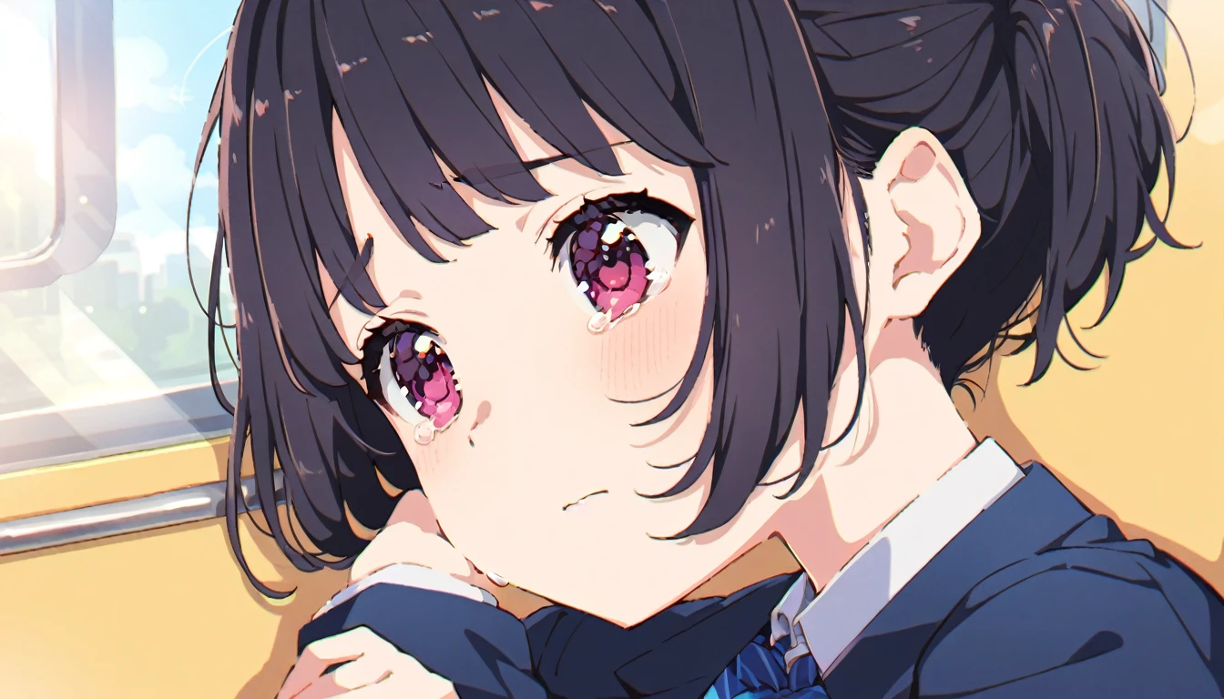 A middle-aged molester is touching the lower body of a crying girl with short black hair and small breasts, wearing a blazer and uniform, who is standing upright on a train.、From head to toe