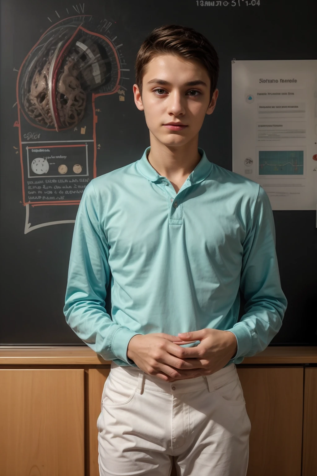 A beautiful young man, a cute male twink, with black hair, a face with reddish make-up, wearing a bright white long-sleeved shirt and aqua blue pants. He is in his office, and behind him is a blackboard on which is written the shape of the brain and its anatomy, and nuclear energy comes out of it, and he looks on proudly.