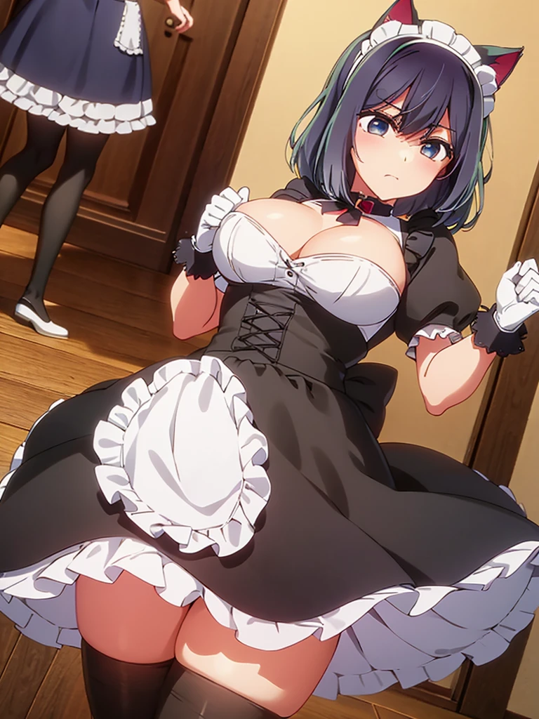 woman,Bob Hair,Large Breasts,Maid clothes,Short sleeve,I can see the valley.Cute black gloves,Cat ears headband,Wear tights,Dark brown hair,Large Breasts,maid Cafe
