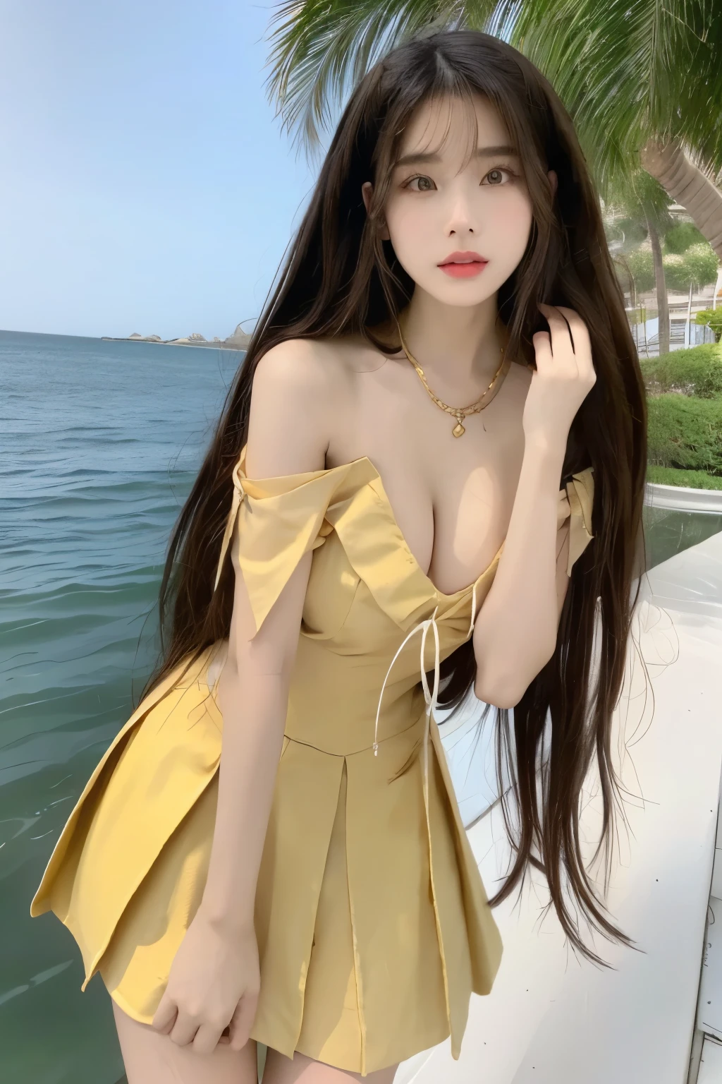 Beautiful woman with perfect body:1.4,Prominent cleavage,Layered Hairstyle,Highly detailed face and skin textures,Double eyelids,Skin Whitening,Long hair,Whitened long legs,(Golden school uniform,necklace),Standing by the sea,Half-length photo