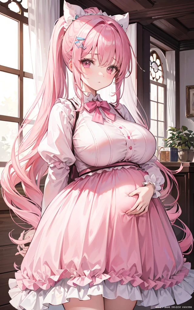 2 22-year-old girls, Pink Hair, Long double ponytail, Pink shirt, Fluffy collar, White fluffy skirt, White ribbon on hair, Lots of hair accessories, ta，(Pregnant，Huge breasts：1.8)