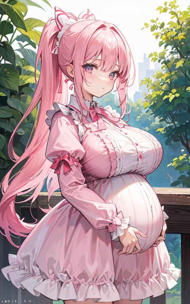 2 22-year-old girls, Pink Hair, Long double ponytail, Pink shirt, Fluffy collar, White fluffy skirt, White ribbon on hair, Lots of hair accessories, ta,(Pregnant,Huge breasts:1.8)