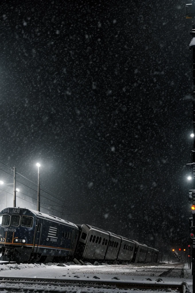 Train crash in snow storm, black noir style art, 