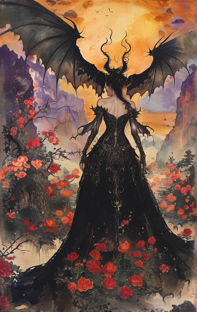 A white dragon lies in the middle of an endless field full of purple flowers, surrounded by snow-capped mountains and a blue sky sparkling with golden sunset rays. The whole scene is filled with a dreamy atmosphere, with vibrant colors and detailed background elements rendered in high resolution and detailed in a top quality illustration style. (Highest quality,4K,8K,High resolution,masterpiece:1.2),Super detailed,(Realistic,photoRealistic,photo-Realistic:1.37),Hot thick succubus mom with long black hair, deep black lips, She wears a revealing black leather outfit with BDSM themes.. Her outfit consists of a seductive bustier, accentuate her voluptuous figure. Her skin is a captivating shade of fiery red, Exudes a devilish charm. A pair of majestic demon wings gracefully grow from her back., Intricately detailed and intricately painted patterns. On her head, She has enchanted tiefling horns, Embodying her other-dimensional existence. The artwork should capture her captivating aura., Showing her confidence and strength. The lighting in the scene should accentuate the seductive curves of her body., Project dramatic shadows and highlights. The color palette should evoke a sense of darkness and desire., Rich black contrast, red, deep chestnut color.