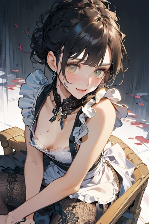 (((Masterpiece))),(((Super Detail))),(((in 8K))),(((best composition))),(((Rim lighting,Fireglow effect,deep shadow))),solo),Beautiful fingers,Detailed finger features,(Detailed hair features:1.7),(Dynamic and sexy bending pose:1.3),detailed facial features,detailed clothes features, (perky chest:1.1), (pointed chest:1.3), delicate beautiful face, Bright blue eyes, cute eyes, sparkling eyes, Big eyes, beautiful detailed eyes,double bun with glittering hair ornament:0.6,(super detailed glossy skin:1.3),slender body,goddess smile,((with sparkling eyes and a contagious smile)),beautiful posture,have a cup of coffee,black hair, red eyes, dress, bare shoulders, jewelry, collarbone, sidelocks, hairband, earrings, indoors, off shoulder, sweater, arms behind back, plant, short hair with long locks, white hairband, off-shoulder dress, sweater dress, off-shoulder sweater, red sweater, big side hair, very long side hair,(super delicate floral pattern:1.2),seductive cleavage:1.3,beautiful glossy legs,shiny red high heels,lifting dishes with cakesd,french restaurant,hustle and bustle,rising steam,(((depth of fields)))