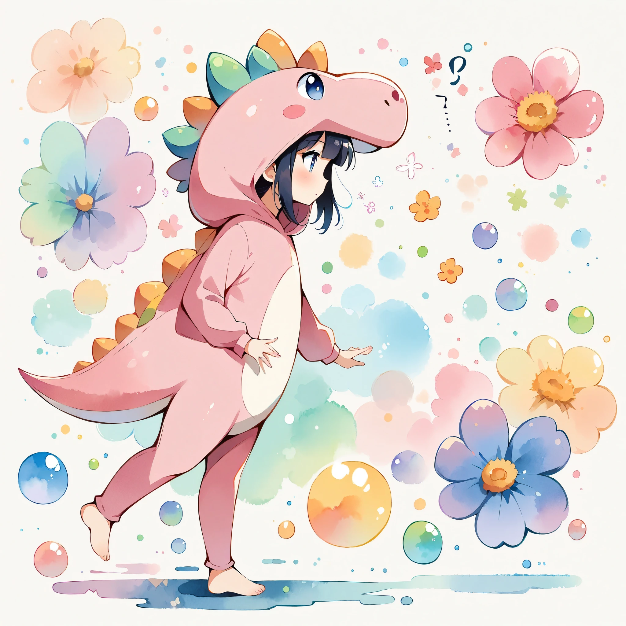 (Anime Style:1.2, masterpiece:1.2),(((1 Girl))),((Little, Full body view))), ((A girl in a pink dinosaur costume:1.2)), watercolor, Simple illustration, Flower Storm, Colorful water bubbles,