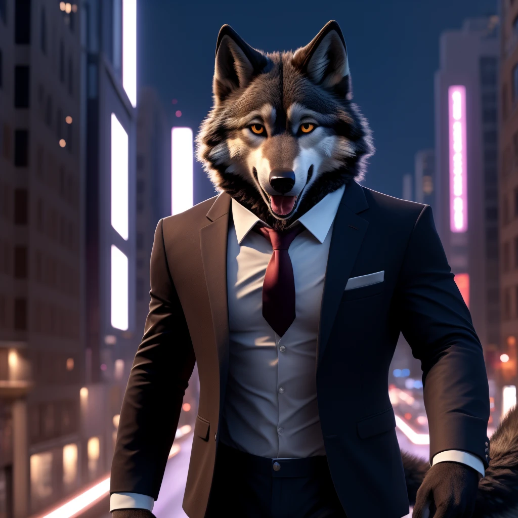 Posing, Male, 30 years old, happy, mouth open with tongue hanging out, black suit with red tie, anthro, wolf ears, (black fur:1.5), wolf, city background, 8k, hi res, (best quality, masterpiece), (wolf tail:1.5), detailed fur, solo, looking at camera, night,  suit jacket open, no shirt under suit jacket