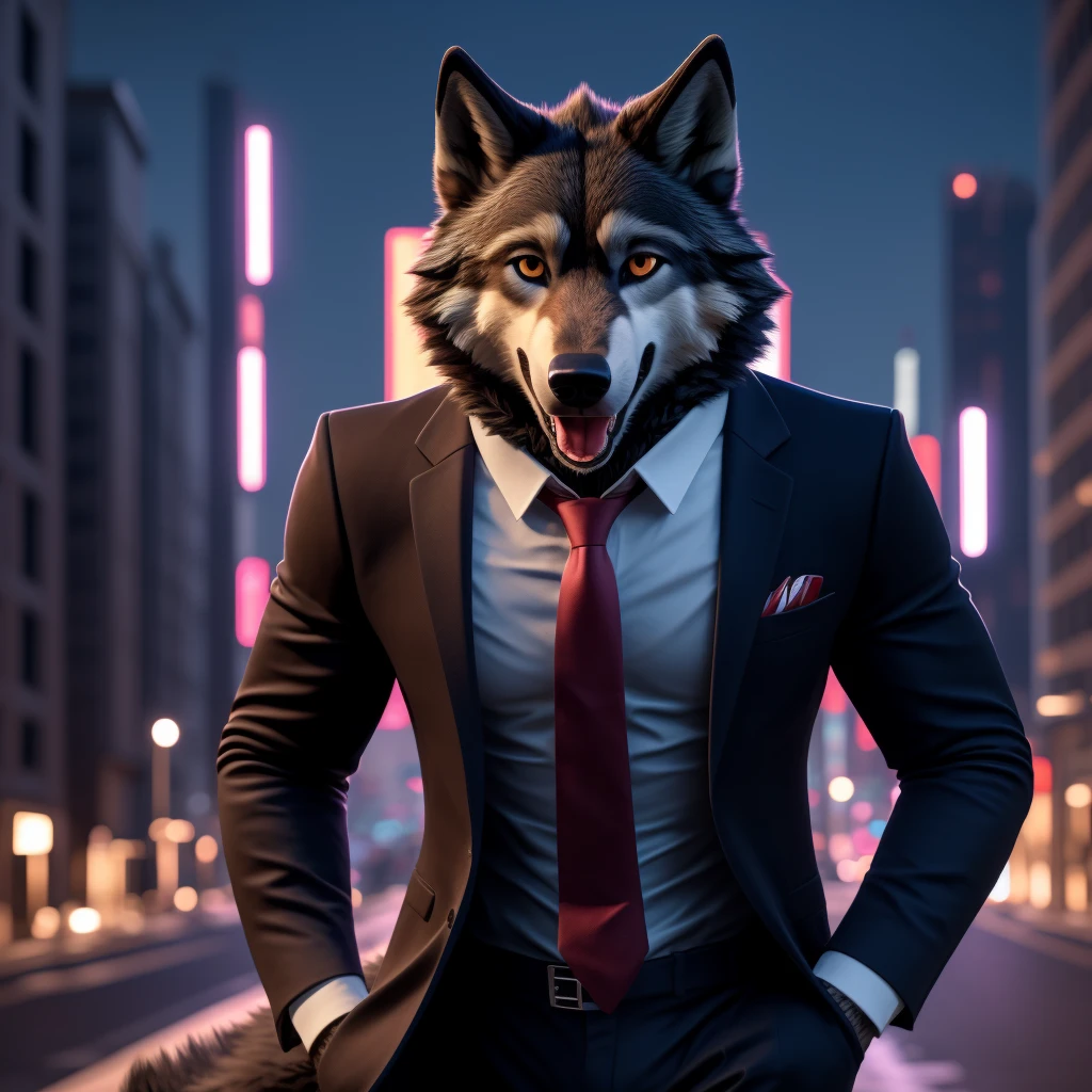 Posing, Male, 30 years old, happy, mouth open with tongue hanging out, black suit with red tie, anthro, wolf ears, (black fur:1.5), wolf, city background, 8k, hi res, (best quality, masterpiece), (wolf tail:1.5), detailed fur, solo, looking at camera, night,  suit jacket open, no shirt under suit jacket