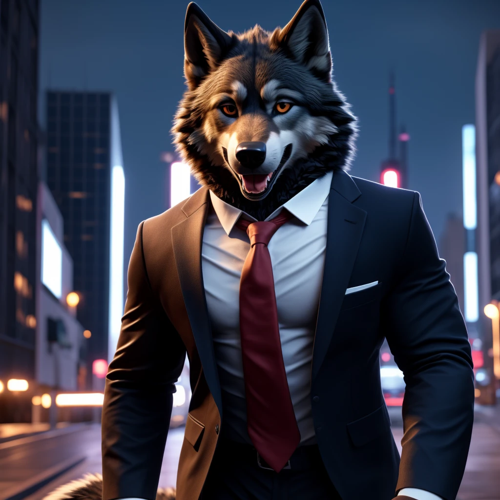 Posing, Male, 30 years old, happy, mouth open with tongue hanging out, black suit with red tie, anthro, wolf ears, (black fur:1.5), wolf, city background, 8k, hi res, (best quality, masterpiece), (wolf tail:1.5), detailed fur, solo, looking at camera, night,  suit jacket open, no shirt under suit jacket