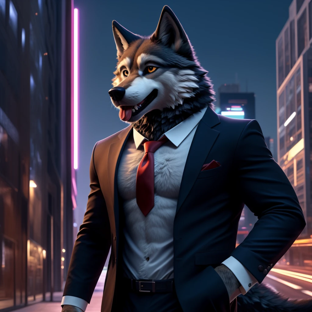 Posing, Male, 30 years old, happy, mouth open with tongue hanging out, black suit with red tie, anthro, wolf ears, (black fur:1.5), wolf, city background, 8k, hi res, (best quality, masterpiece), (wolf tail:1.5), detailed fur, solo, looking at camera, night,  suit jacket open, no shirt under suit jacket