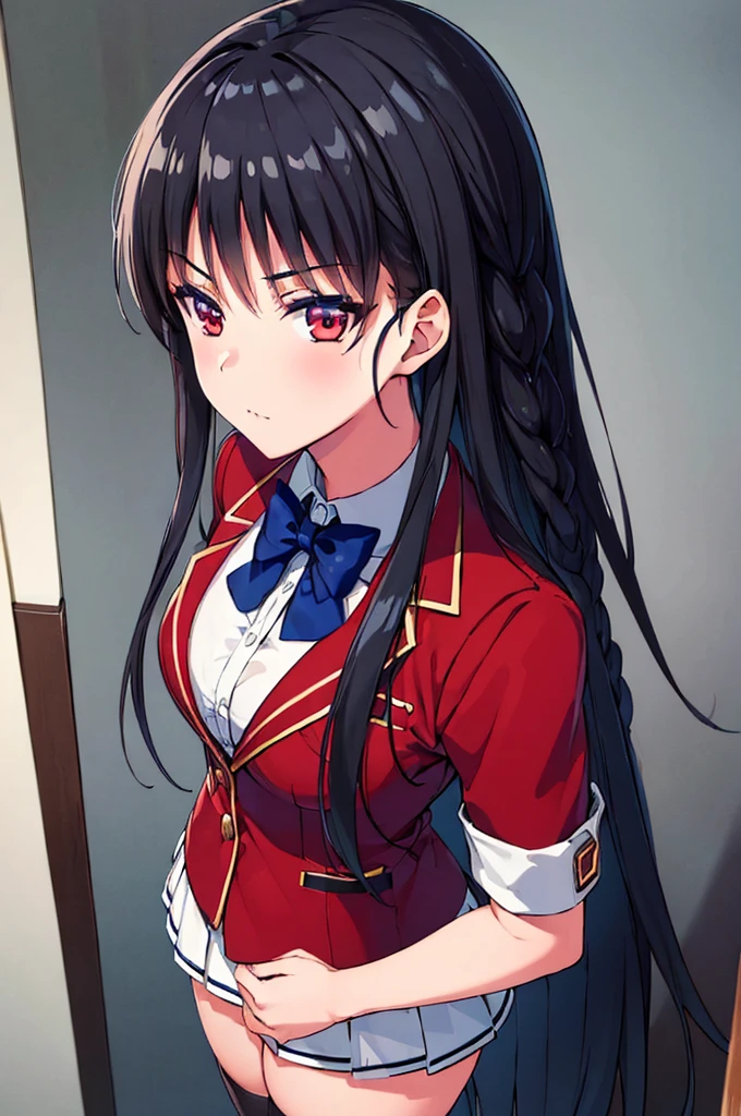 (masterpiece, best quality:1.5), (ultra detailed:1.4), super fine illustration, perfect anatomy, 8k portrait, (cowboy shot:1.2),
1girl,
Suzune Horikita,
Suzune Horikita \(youjitsu\),
long hair, braid,
black hair,
(red eyes, slant eyes, small eyes),
blue bow,
medium breasts,
red jacket, pleated white skirt, black thigh-high socks,
looking at viewer,
perfect light, background of indoors, dynamic pose,