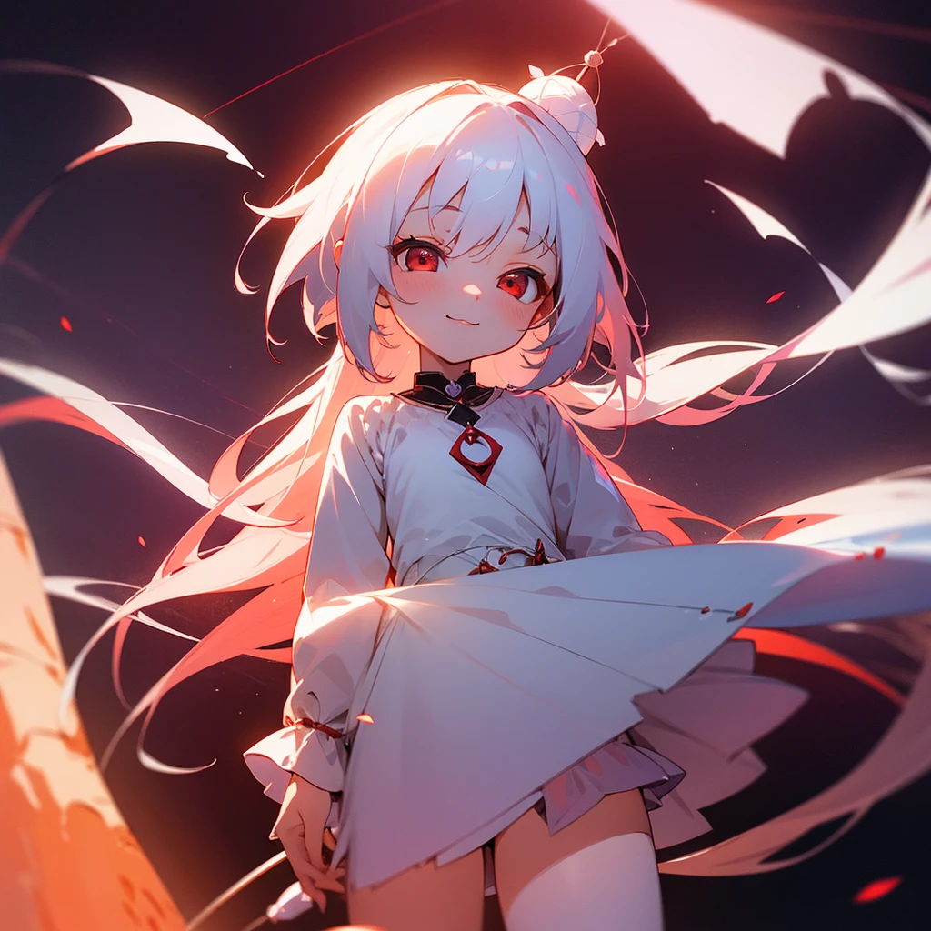 cute , (transformation sequence), transform magical girl, chibi, white magical girl, fractal art, Albino, baby face, long pure white and red mesh hair, beautiful detailed red eyes, cinema lighting, cowboy shot, looking at viewer, from below, happy