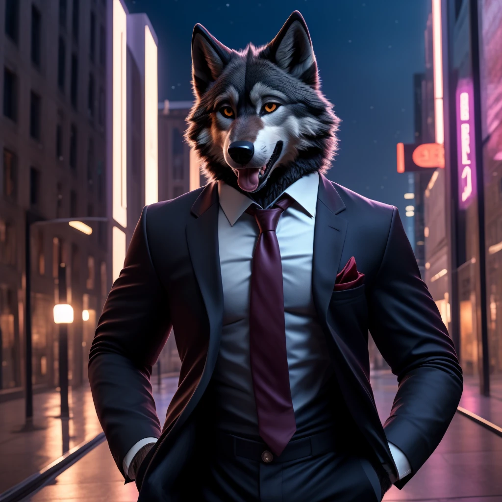 Posing, Male, 30 years old, happy, mouth open with tongue hanging out, black suit with red tie, anthro, wolf ears, (black fur:1.5), wolf, city background, 8k, hi res, (best quality, masterpiece), (wolf tail:1.5), detailed fur, solo, looking at camera, night,  suit jacket open, no shirt under suit jacket