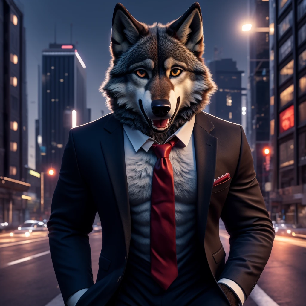 Posing, Male, 30 years old, happy, mouth open with tongue hanging out, black suit with red tie, anthro, wolf ears, (black fur:1.5), wolf, city background, 8k, hi res, (best quality, masterpiece), (wolf tail:1.5), detailed fur, solo, looking at camera, night,  suit jacket open, no shirt under suit jacket