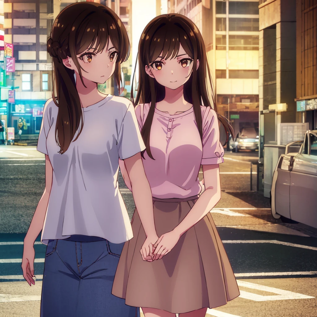 amateur instagram selfie of one girl, head to toe, very pretty, 23 years old, caucasian, tanned, long hair, brown hair, brown eyes, sharp eyebrows, big lips, realistic, wearing a shirt, wearing skirt, big breast, outside, Tokyo background