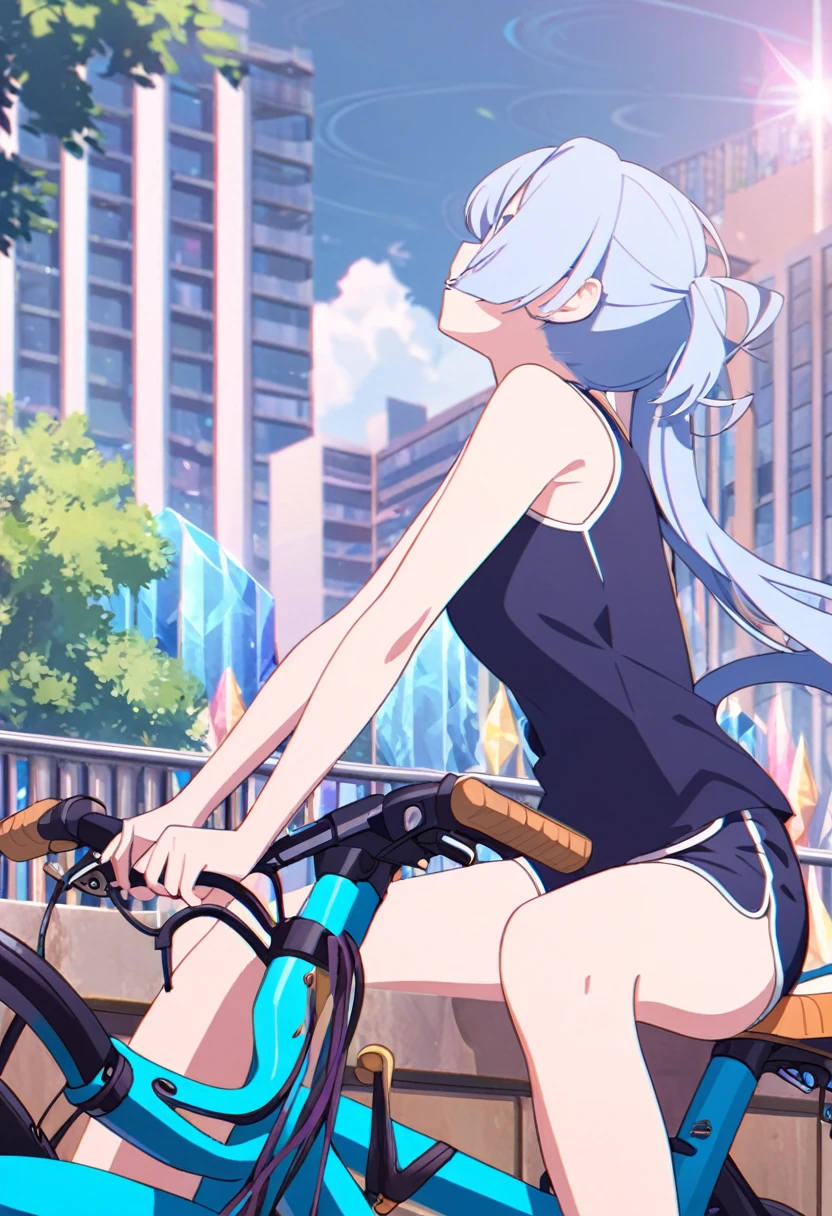 a girl sitting on top of bicycle, dolphin shorts, blue hair, ponytail, in Crystal City
