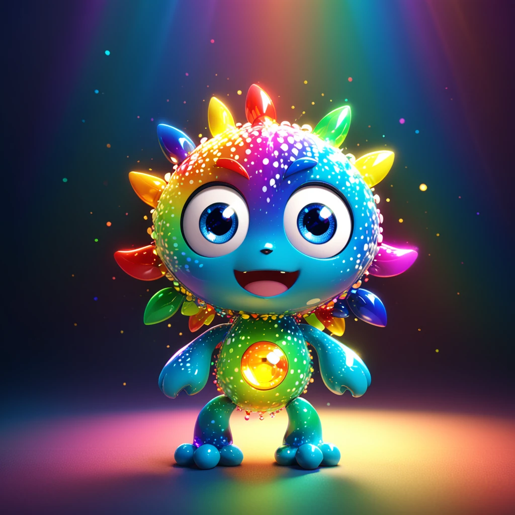 [ひかり]
A cute light monster with big eyes and a shimmering body, bending light beams in different directions. The cartoon character is designed in the style of Pixar animation studio, created using C4D software. It has an adorable rainbow color scheme and showcases a delighted expression as it creates light patterns. --ar 1:1 --v 6.0 --3D render