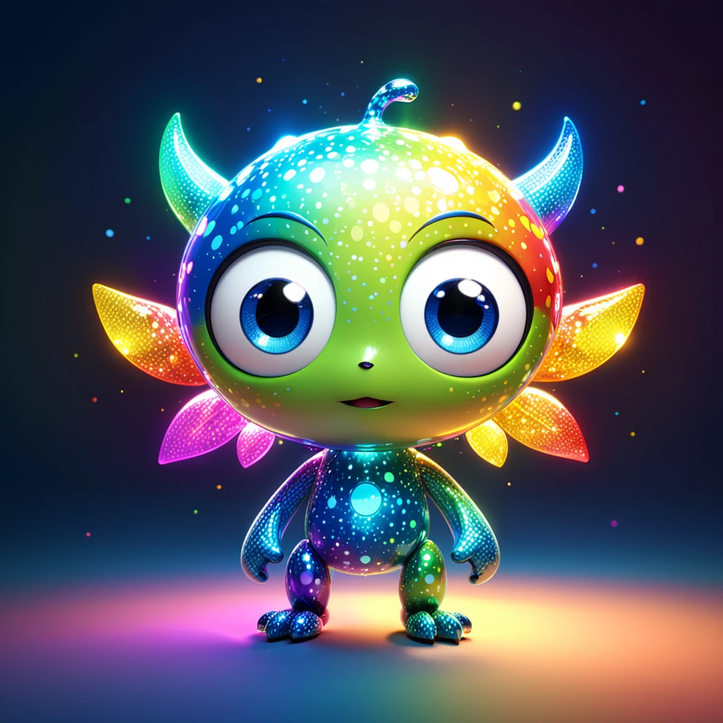 [ひかり]
A cute light monster with big eyes and a shimmering body, bending light beams in different directions. The cartoon character is designed in the style of Pixar animation studio, created using C4D software. It has an adorable rainbow color scheme and showcases a delighted expression as it creates light patterns. --ar 1:1 --v 6.0 --3D render