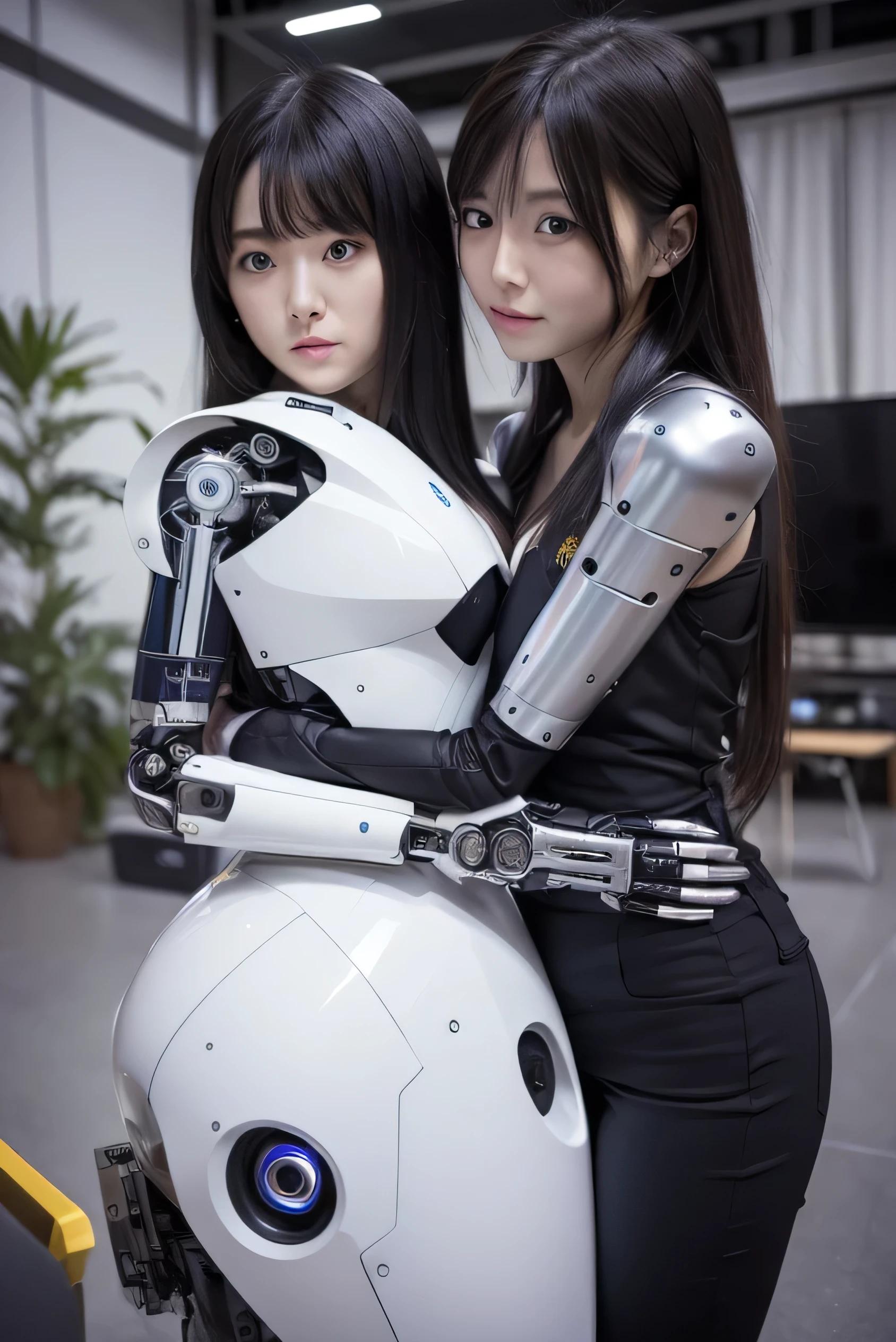 masterpiece, best quality, extremely detailed, Japaese android girls,two individuals,Plump , hug,kiss,control panels,android,Droid,Mechanical Hand, Robot arms and legs, Black hair,Blunt bangs,perfect robot girl,long tube,thick cable connected her neck,android,robot,humanoid,cyborg,japanese cyborg girl ,robot-assembly plant,She is assembled now,assembly scene,chest monitor,blue eyes