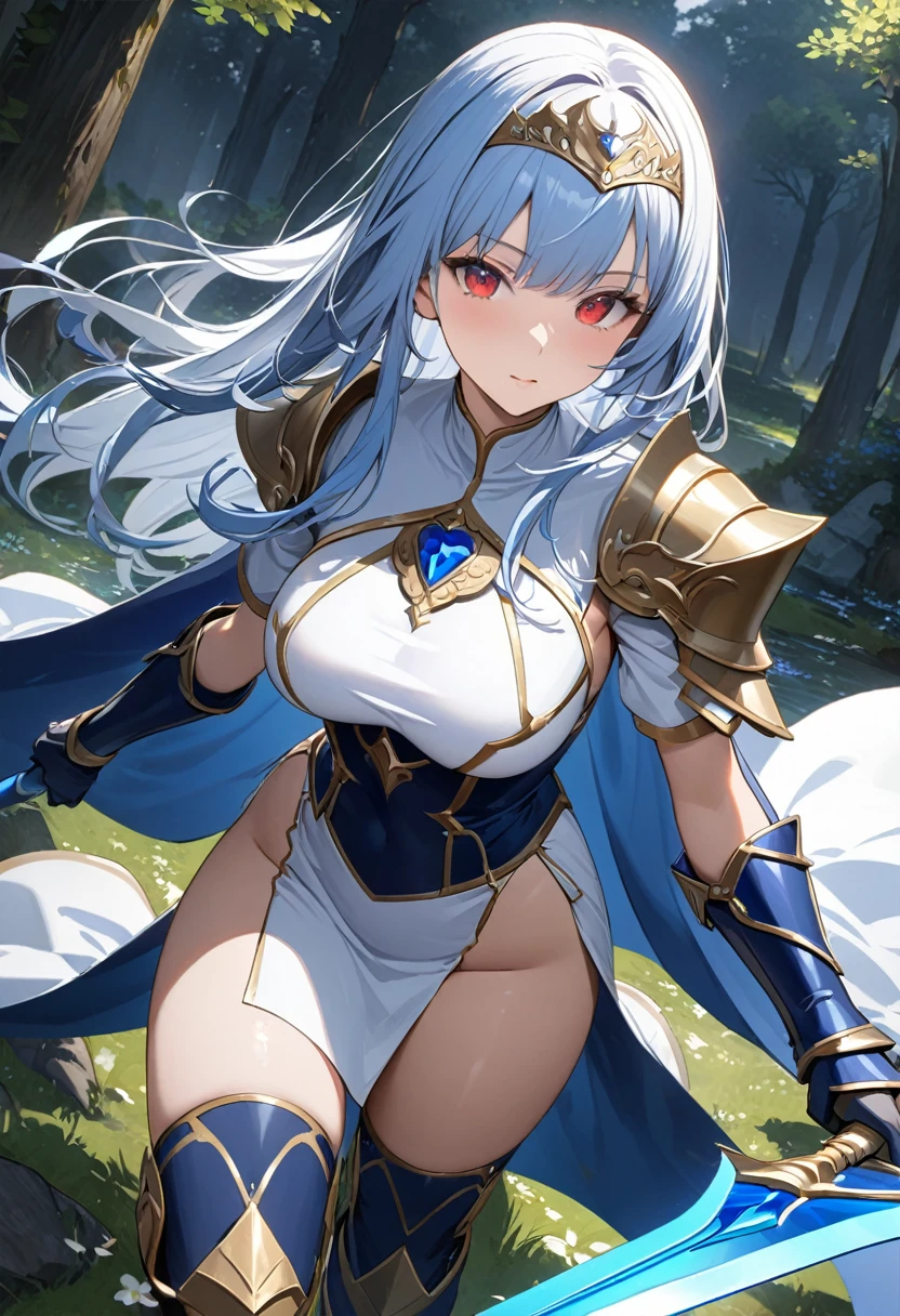 Highest quality、unity 8k wallpaper、32k、masterpiece、Very detailed、Ultra-high resolution、Very detailedな顔, RAW Photos, Professional, Ultra-fine painting、Midnight blue long straight hair、Platinum tiara with blue gemstones、Blue Nun Cape、Red Eyes、(Tree Eyes), Cool and sharp features, hime cut, 20~A female magical warrior, about 24 years old.、White and gold breastplate、Blue and white leotard、(((Blue and white gold-embellished long pencil skirt with side armor and long slits)))、Half puff sleeves with shoulder pads、A large white ribbon with a large sapphire on the chest、White and blue long gloves、(((White and blue thigh-high stiletto boots:1.0)))、whole body、He has a spear with a glowing blue blade,