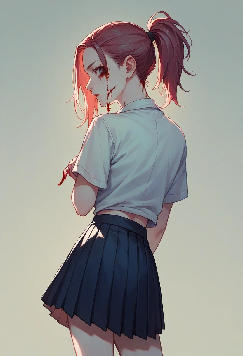 Girl in (short pleated yoke skirt),with ponytail hairstyle, with bloody hair, in neon background, wallpaper in 3D.