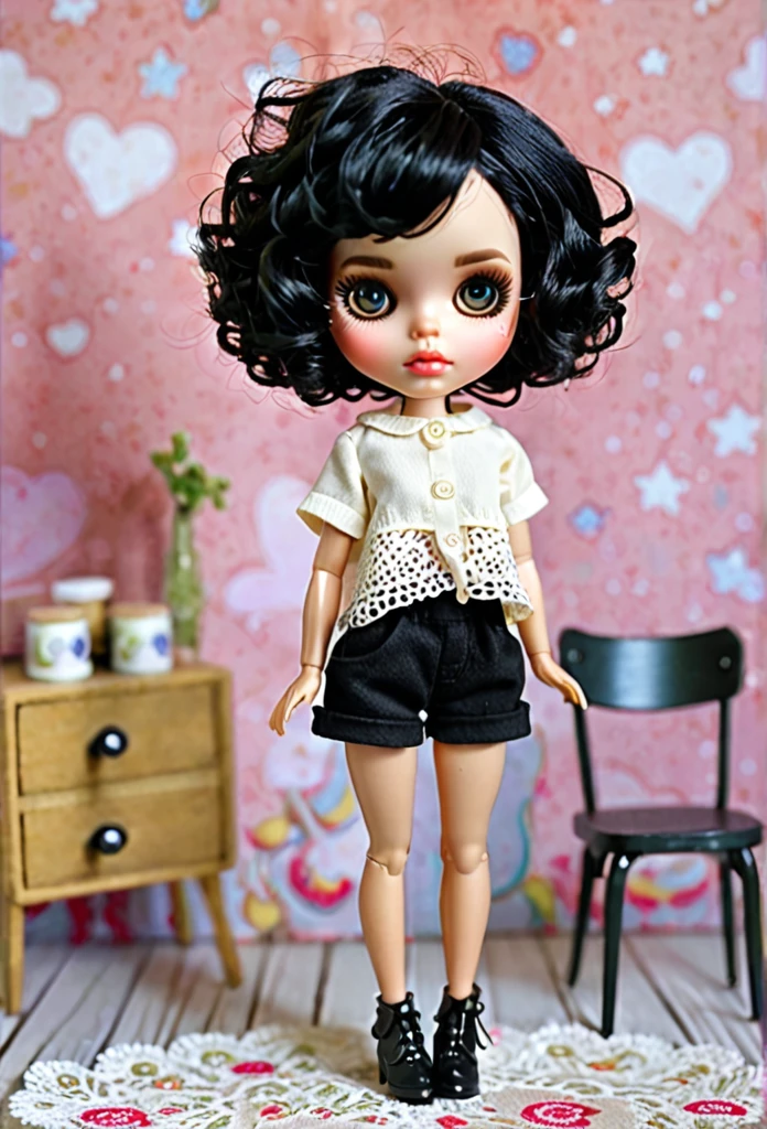 Blythe dolls , messy short curly ,messy black color hair ,neutral skin