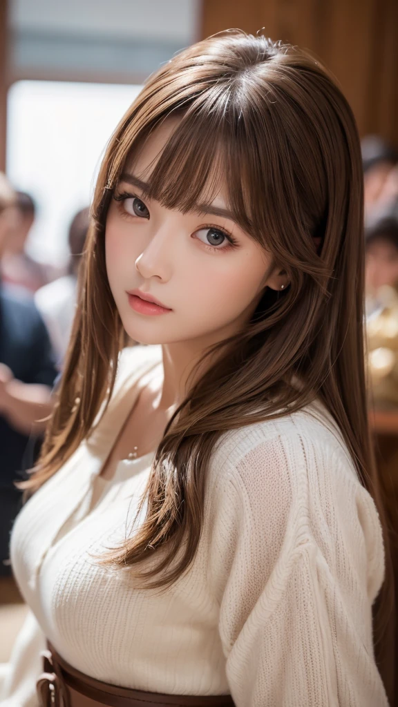 Highest quality, 8K,  ,masterpiece :1.3)), In-person audience,((Whole body 1.2)) ,Beautiful woman, Wide Shot ,One girl, , Selfie   , , illumination , Brown Hair  , bangs,Highly detailed face, Highly detailed lips, Fine grain, double eyelid