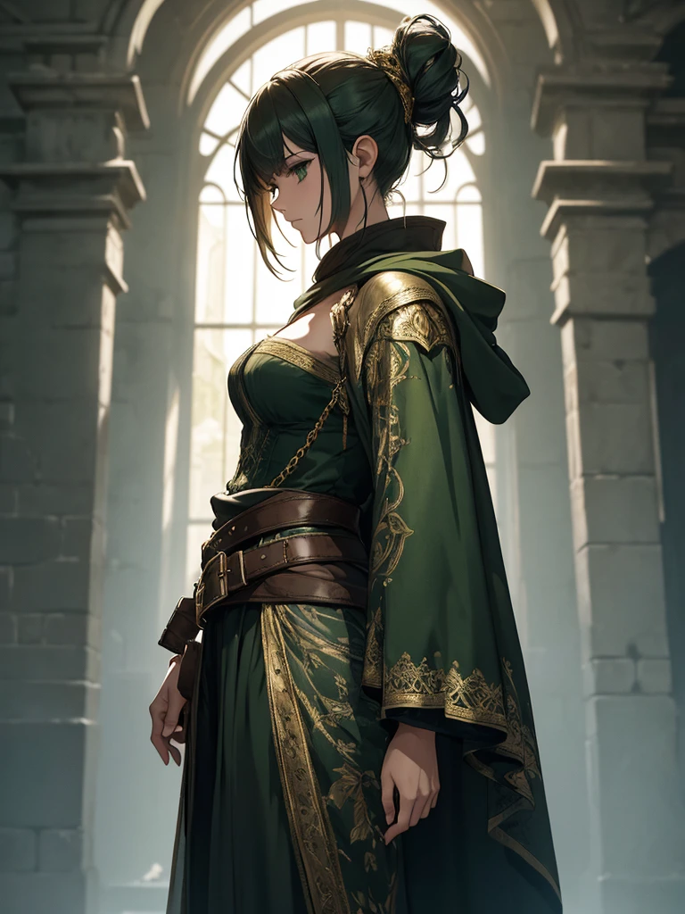 (masterpiece、top-quality、hight resolution、Unity 8k Wallpaper、extremely details CG:1), A full-body portrait of a character from Dark Souls 2 named "Shanalotte," also known as "The Emerald Herald." She is wearing a long, hooded green robe with intricate gold patterns. She stands with a mechanical, emotionless expression, indicating she has endured countless years of wear. The image should be captured from a side-angle view, showing her face in profile, and a small leather pouch hanging from her belt. The background should be a simple, neutral setting to focus on the character.