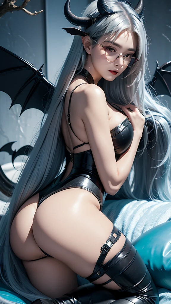 A seductive succubus with bat wings and a devil's tail lounging on a bed, her silver hair cascading down her back in striated waves. Her aqua eyes are framed by long, thick eyelashes, and she wears a pair of horn-rimmed round glasses that give her a mysterious and alluring air.
