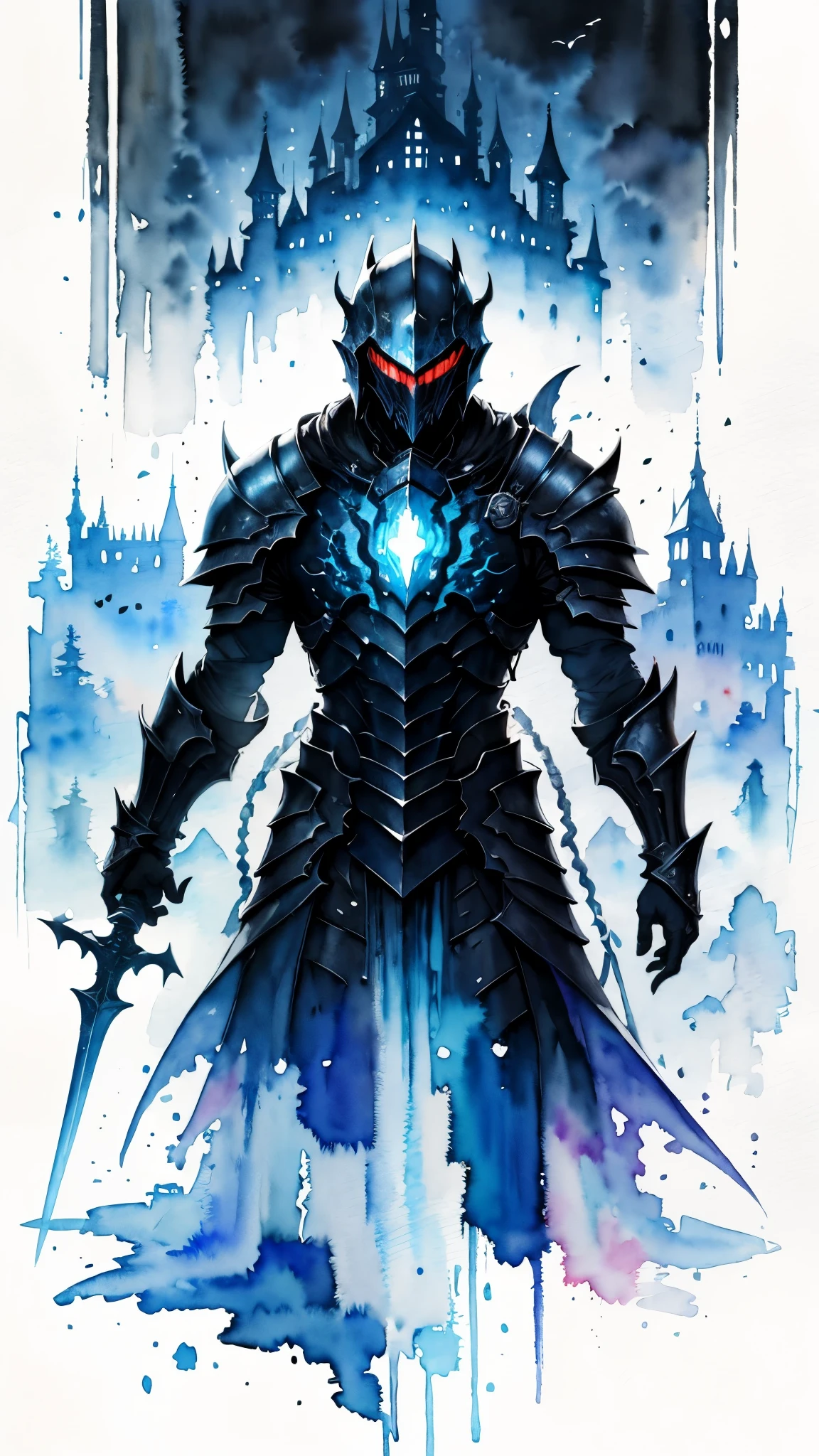 (masterpiece:1.2),(Highest quality),(Very detailedな),(Ultra-high resolution),8K,Vast landscape photography,(Dark Souls Style),((watercolor)),(The Abyss Knight stands),Abyssal Sword,Abyssal Armor,Abyssal Shield,(One person: 1.5),Very detailed,The background is a gradient of black, blue and grey,The very deep darkness,Castle of Darkness,((hands)),((透明watercolor))