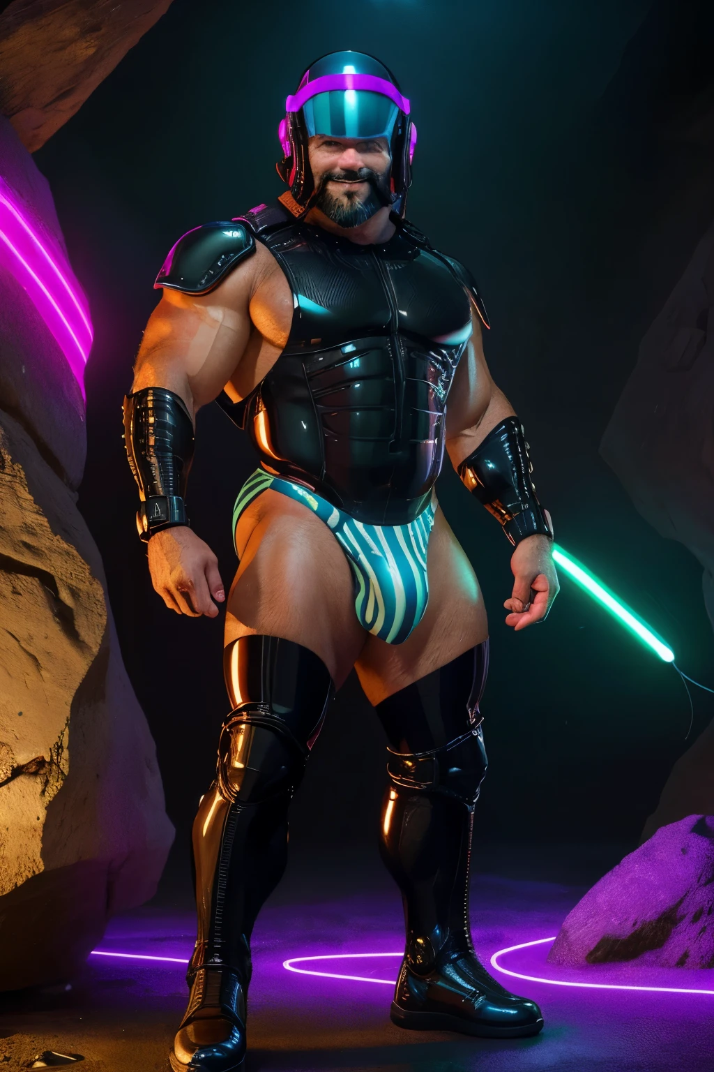 (handsome mature man), (50 yo), white man, wearing a speedo, wet speedo, dripping wet, bulge, (beefy:1.3), beard, looking at viewer, beautiful man, detailed eyes, symmetric face, smirk, robust, greying hair, sci-fi setting, on an alien planet, alien foliage, wearing a pilot helmet, neon colors, stars visible, futuristic armour (see-through!), elbows pads, holding a raygun, alien tentacles, kneepads, full body picture, latex chaps (with neon stripe), 