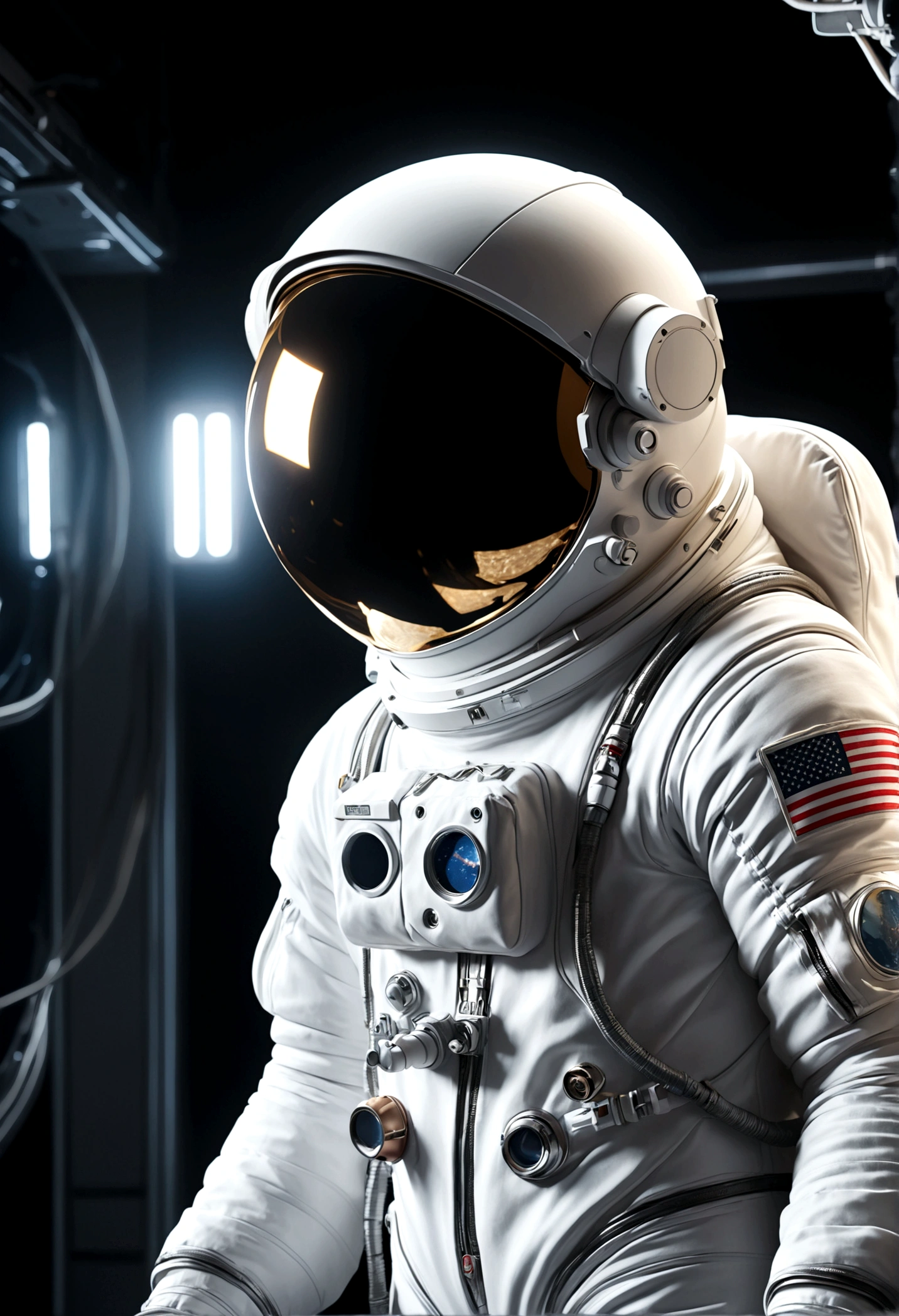 The astronaut is a 30-year-old American man.., white and silver metallic clothing, cinematic, picture 촬영, half backlight, back light, dramatic lighting , incandescent light, soft lighting, Incredibly detailed and complex, hyper maximalist, Art, elegant pose, dynamic, picture, volume , very detailed, intricate details, Gwise의 very detailed 걸작, future environment