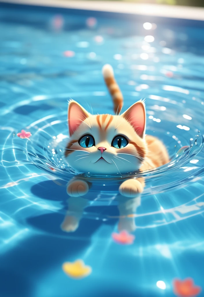 Japanese animation, panoramic, colorful, a small cat with open eyes backstroke in the pool, most of the picture shows water, cat accounts for a small part of the picture, water is light blue transparent and clear, water ripple texture is clear, light refraction, cat and water are not fuzzy, to HD,ï¼phone wallpaper size,HD,32k