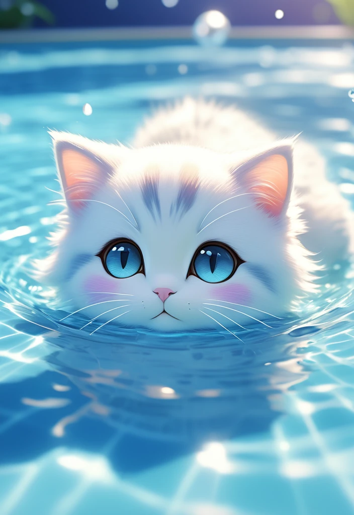 Japanese animation, panoramic, colorful, a small cat with open eyes backstroke in the pool, most of the picture shows water, cat accounts for a small part of the picture, water is light blue transparent and clear, water ripple texture is clear, light refraction, cat and water are not fuzzy, to HD,ï¼phone wallpaper size,HD,32k