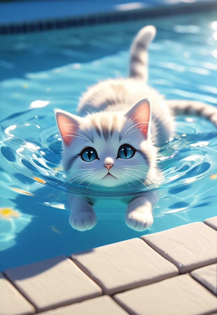 Japanese animation, panoramic, colorful, a small cat with open eyes backstroke in the pool, most of the picture shows water, cat accounts for a small part of the picture, water is light blue transparent and clear, water ripple texture is clear, light refraction, cat and water are not fuzzy, to HD,ï¼phone wallpaper size,HD,32k