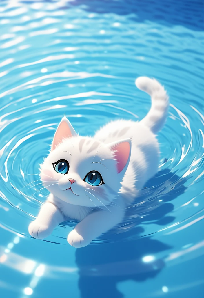 Japanese animation, panoramic, colorful, a small cat with open eyes backstroke in the pool, most of the picture shows water, cat accounts for a small part of the picture, water is light blue transparent and clear, water ripple texture is clear, light refraction, cat and water are not fuzzy, to HD,ï¼phone wallpaper size,HD,32k