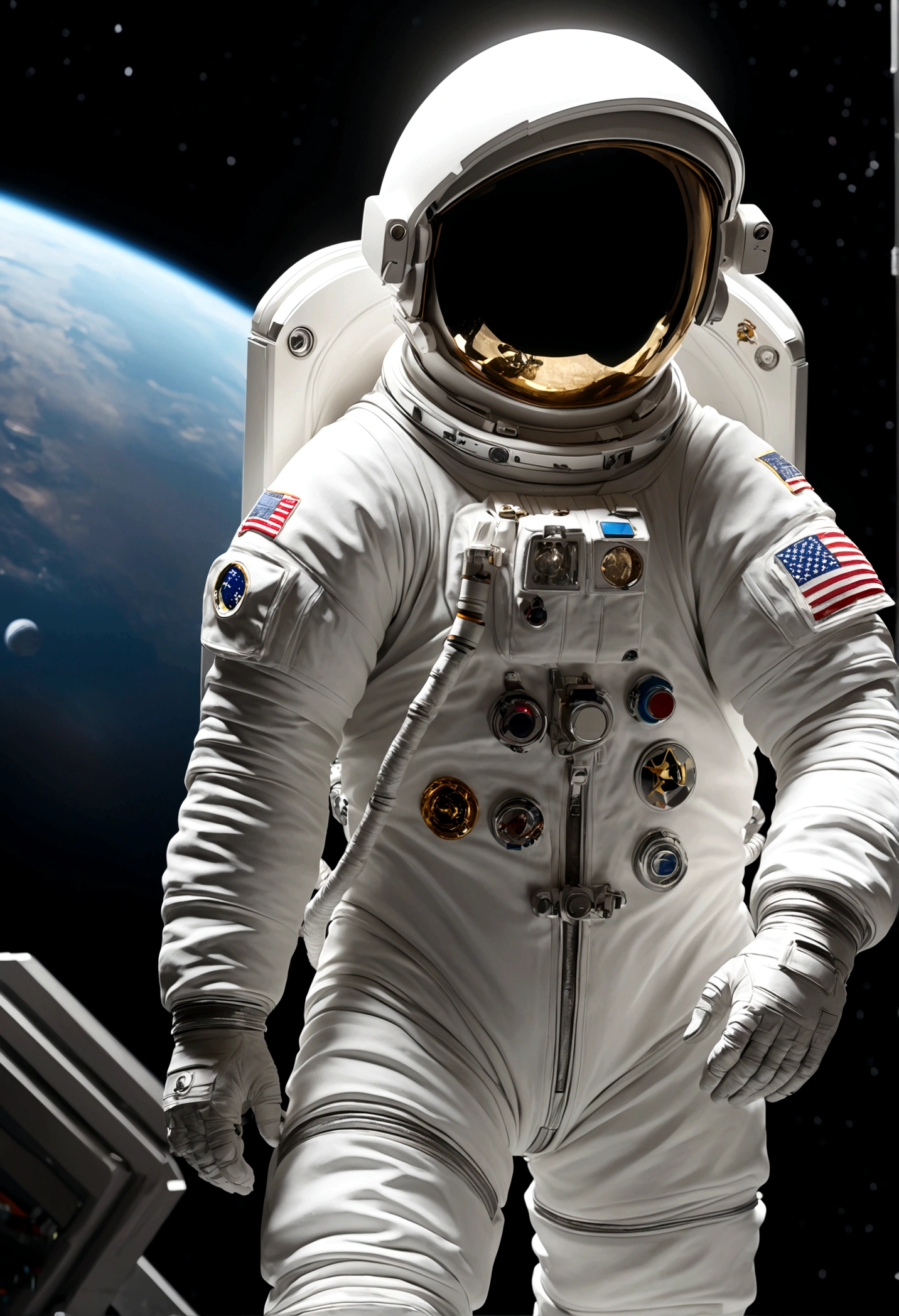 The astronaut is a 30-year-old American man.., white and silver metallic clothing, cinematic, picture 촬영, half backlight, back light, dramatic lighting , incandescent light, soft lighting, Incredibly detailed and complex, hyper maximalist, Art, elegant pose, dynamic, picture, volume , very detailed, intricate details, Gwise의 very detailed 걸작, future environment
