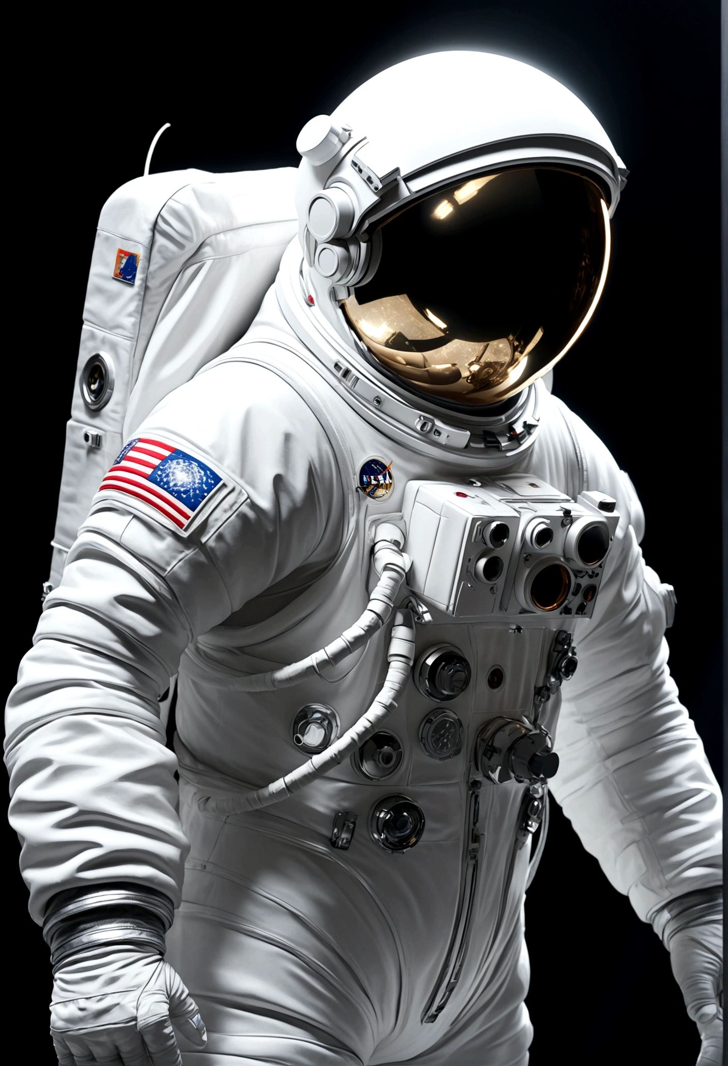The astronaut is a 30-year-old American man.., white and silver metallic clothing, cinematic, picture 촬영, half backlight, back light, dramatic lighting , incandescent light, soft lighting, Incredibly detailed and complex, hyper maximalist, Art, elegant pose, dynamic, picture, volume , very detailed, intricate details, Gwise의 very detailed 걸작, future environment